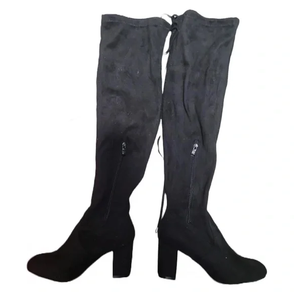 Heel Boots Over the Knee Vegan Suede Black Block Vepose NY Boho Retro Biker Goth - Picture 7 of 7
